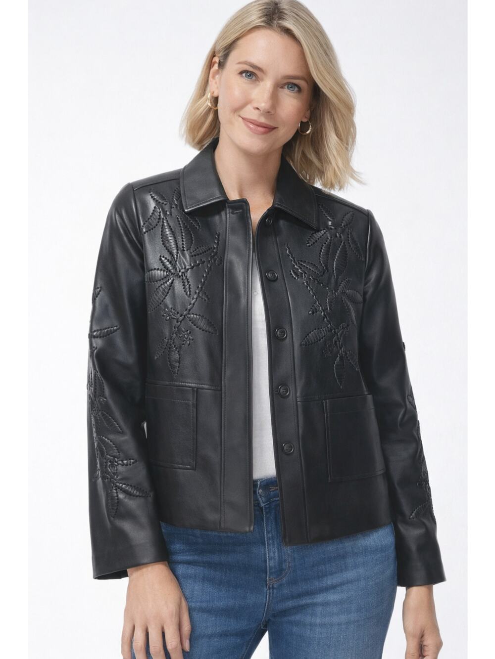 Chicos Womens Black Cutwork Faux Leather Jacket Size 8 Chicos 1 New Long Sleeve
